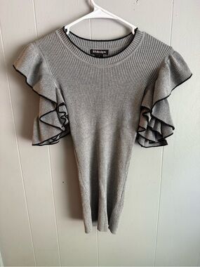 Grey Ruffle Sleeve Ribbed Top